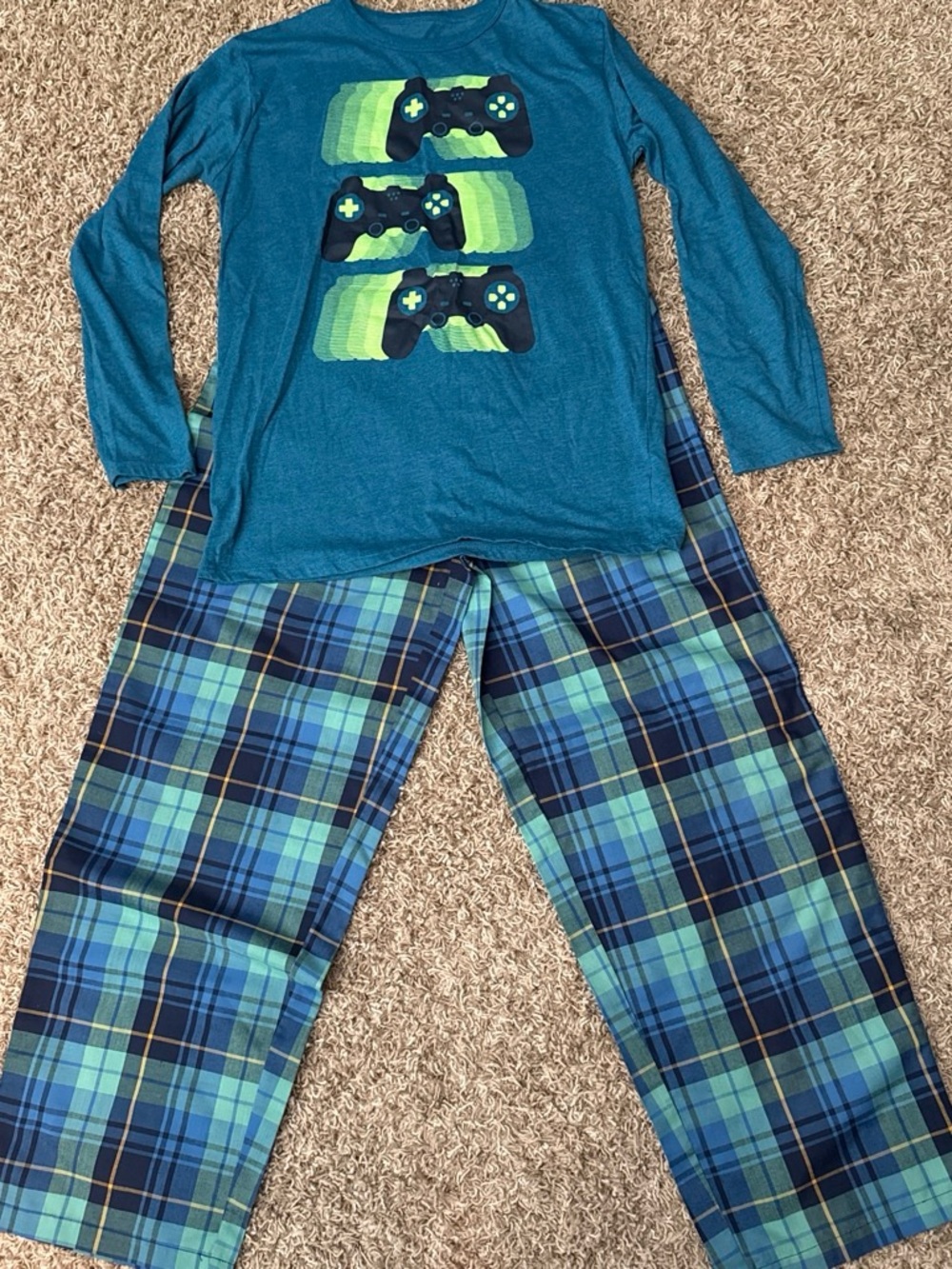 Boys Teal & Blue Plaid Gaming Pajama Set